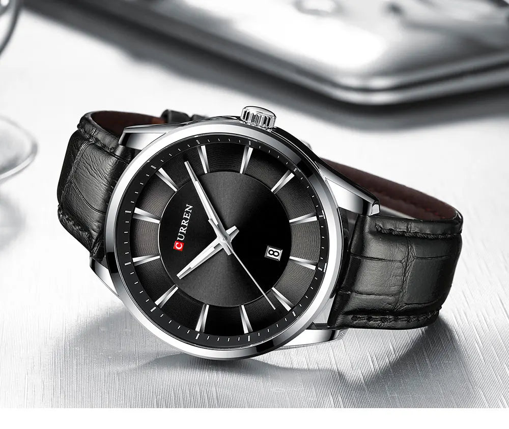 Meridian - Minimalist Steel Watch with Calendar & Leather Strap