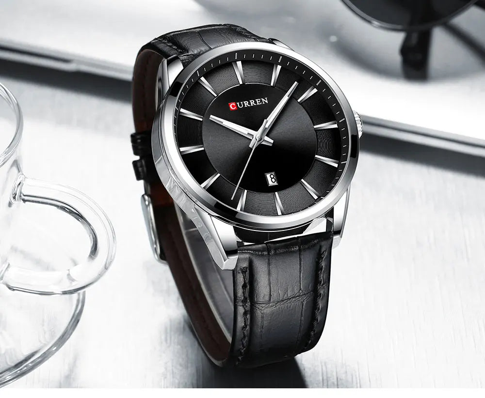Meridian - Minimalist Steel Watch with Calendar & Leather Strap