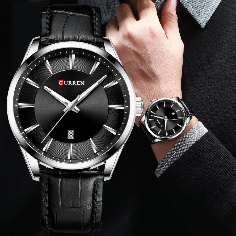 Meridian - Minimalist Steel Watch with Calendar & Leather Strap