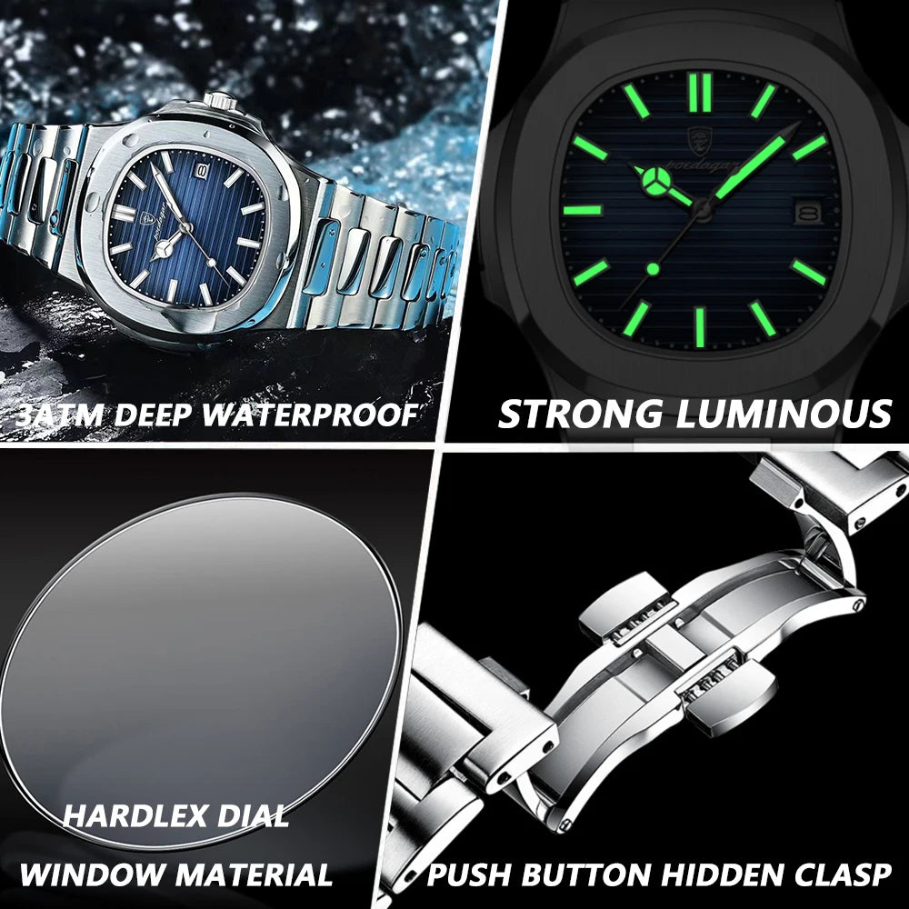 POEDAGAR 613 — Square Luxury Men's Watch, Luminous, Waterproof