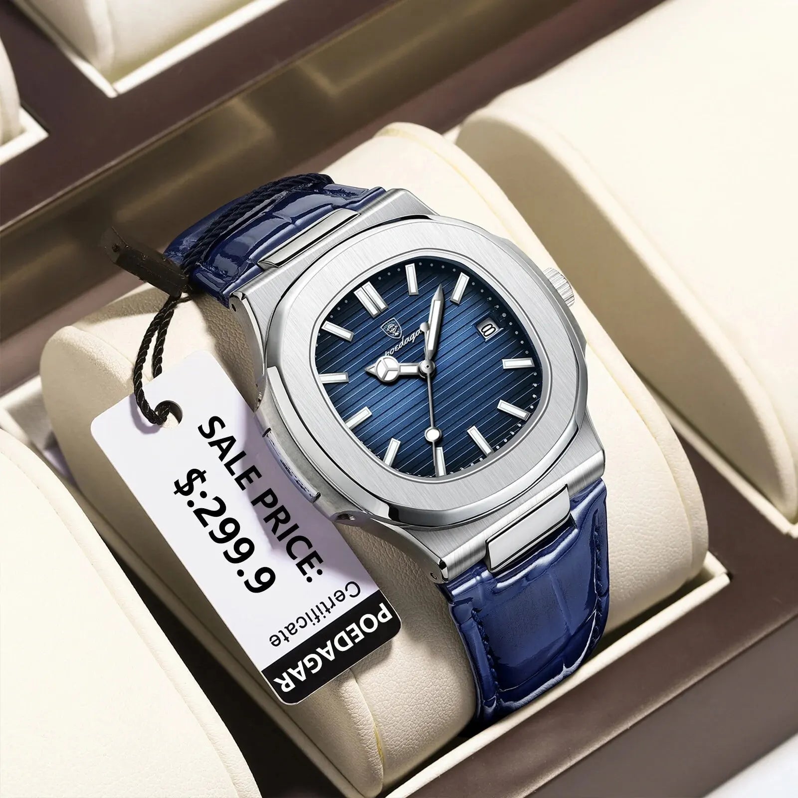 Architect, Square Steel Watch with Leather Strap, Calendar Edition